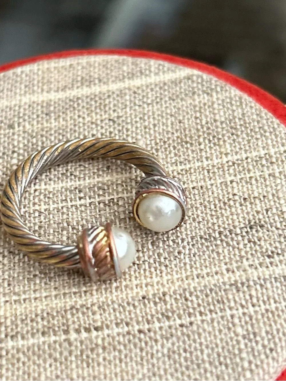 Two-Tone Cable Open Ring with Pearled Ends - Silver & Rose Gold